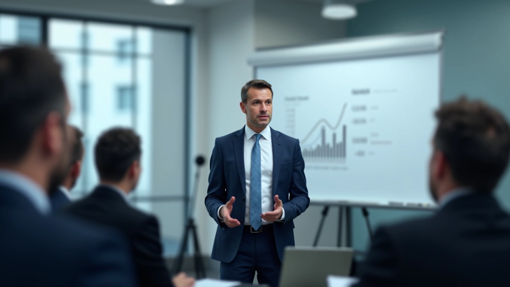 Ekonom nebo analytik při prezentaci s grafy, ukazování na obrazovku, kancelářské prostředí