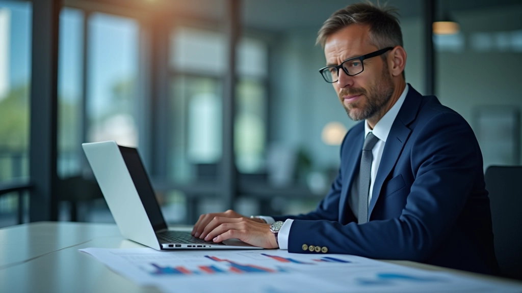 Moderní pracovní stůl s notebookem a finančními grafy, měkkém osvětlením