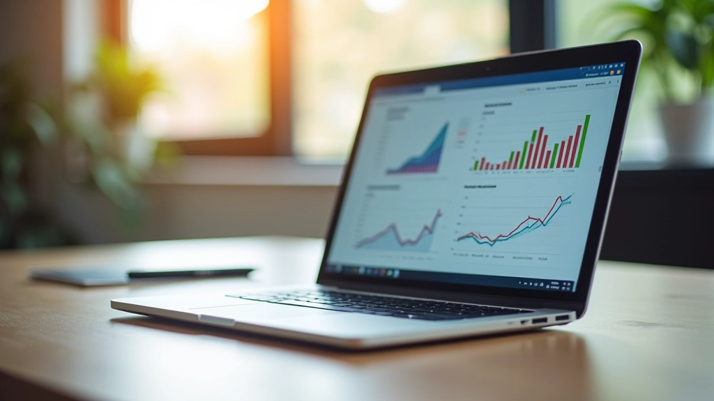 Počítač na pracovním stole s ekonomickými grafy na obrazovce, analýza finančních dat